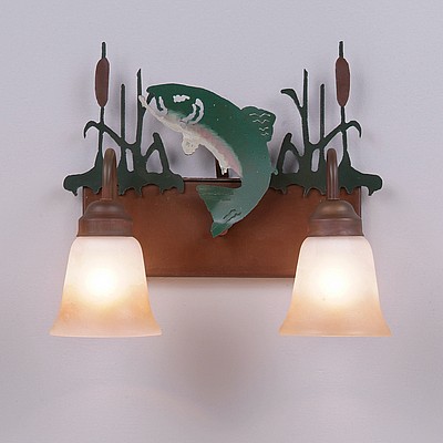 Wasatch Double Bath Vanity Light - Trout Bath 2 Light Trout Metal Art