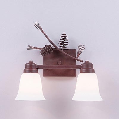 Clearance: Parkshire Double Bath Vanity Light - Pine Cone - Two tone amber Glass - Rustic Brown Finish