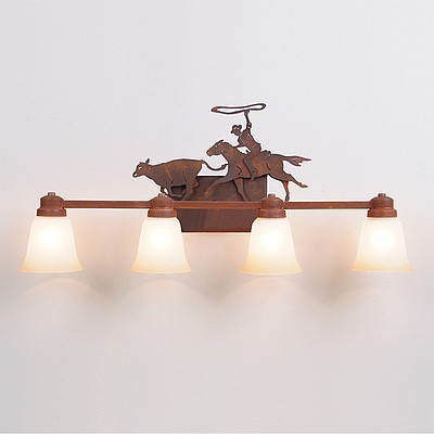 Parkshire Quad Bath Vanity Light - Roping Cowboy Bath 4 Light Western Metal Art