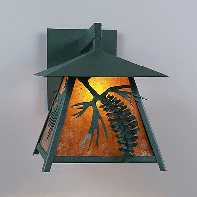 Clearance: Smoky Mtn Sconce Large - Spruce Cone-Amber Mica Shade-Forest Green Finish